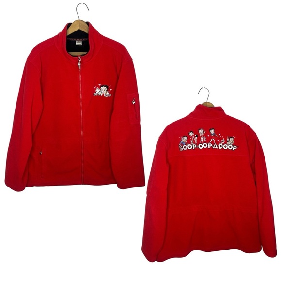 Vintage Betty Boop Embroidered Red Fleece Zip-Up Jacket Women's Size XL - Picture 1 of 13